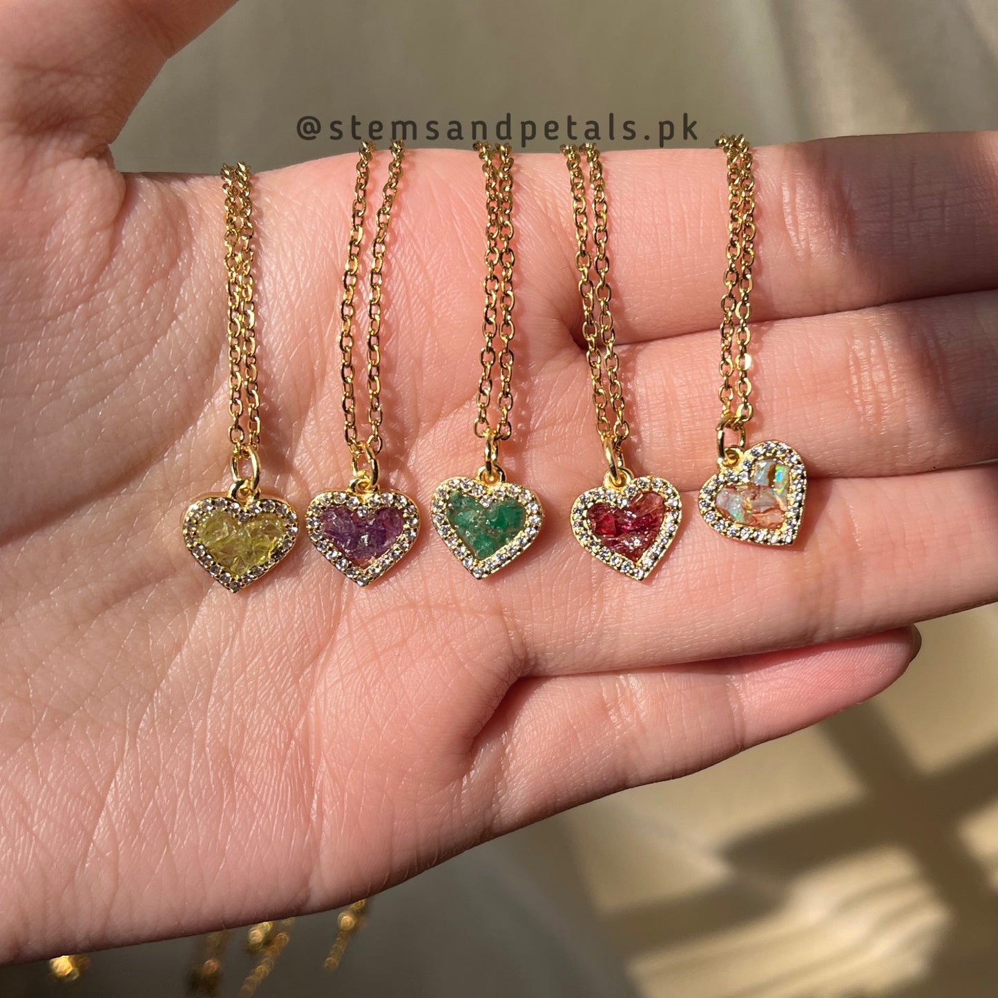 Crushed Stone Heart Pendants - Gold Plated - Collection