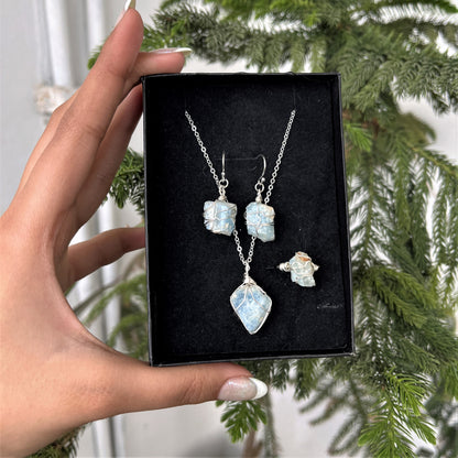 Aquamarine - Raw - Stone - Jewelry Set