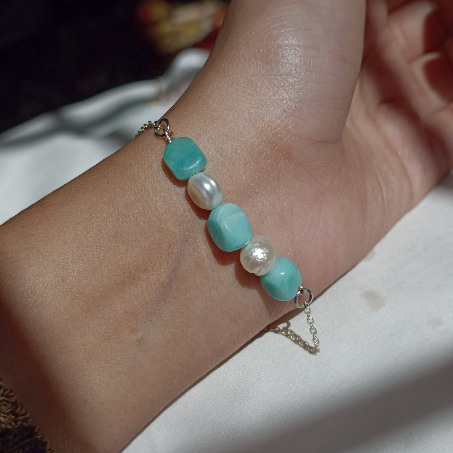 Amazonite - Pearl - Rose Quartz - Black Onyx - Tumbled - Stone Bracelet