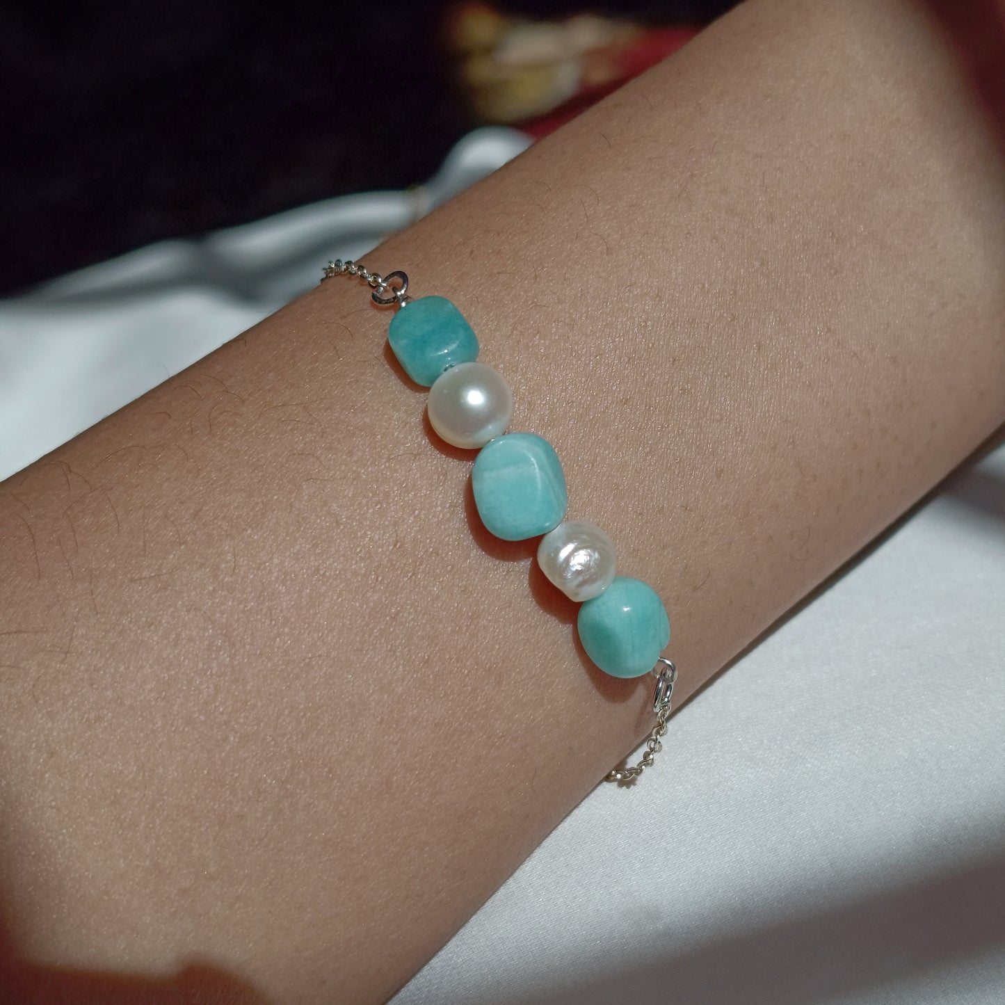 Amazonite - Pearl - Rose Quartz - Black Onyx - Tumbled - Stone Bracelet