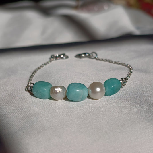 Amazonite - Pearl - Rose Quartz - Black Onyx - Tumbled - Stone Bracelet