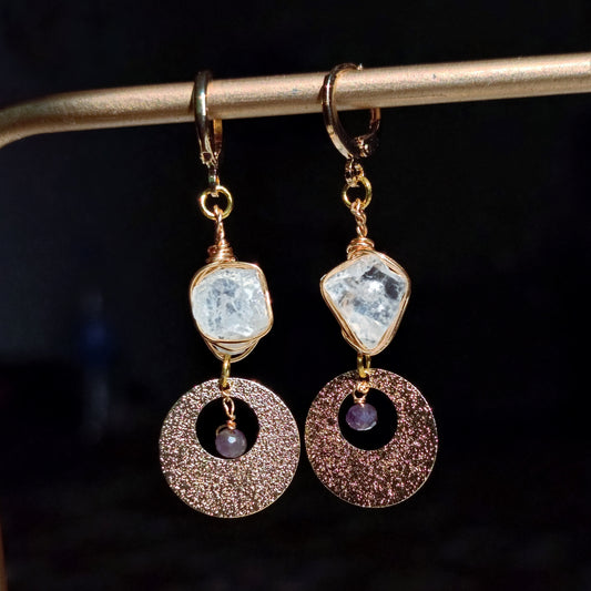 Moonstone - Amethyst - Dangle - Raw - Stone Earrings